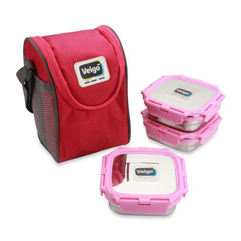 Veigo Premium Finish Lock N Steel 3 Container With Lunch Bag, 